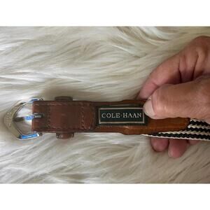 Cole Haan Brown Leather Trimmed Black andCream Striped Woven Fabric Belt